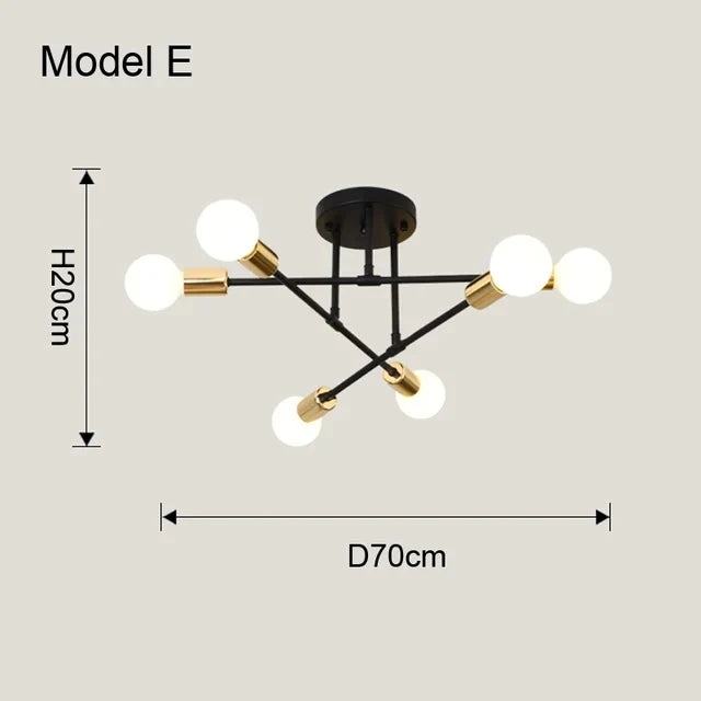 Candeeiro de Teto Nórdico com 6 Luzes E27 – Design Vintage e Moderno para Sala, Quarto e Espaços Comerciais