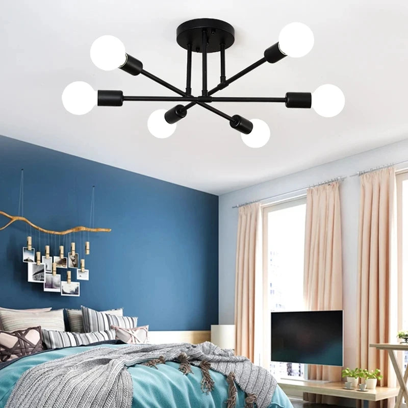 Candeeiro de Teto Nórdico com 6 Luzes E27 – Design Vintage e Moderno para Sala, Quarto e Espaços Comerciais